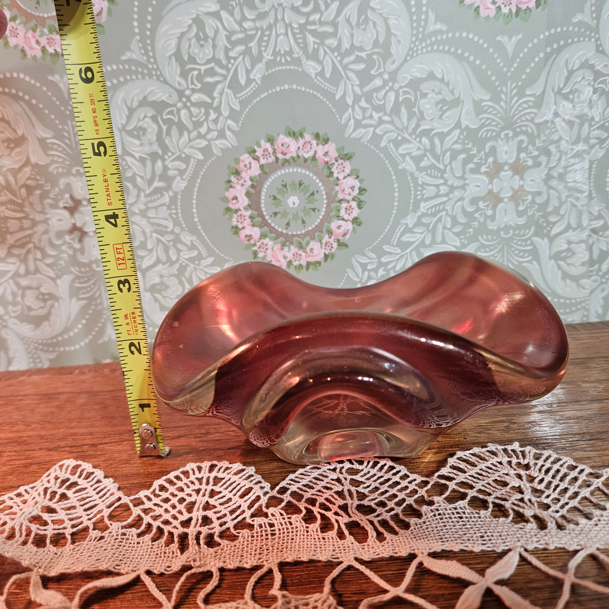 Freeform Rose Amber Art Glass Bowl