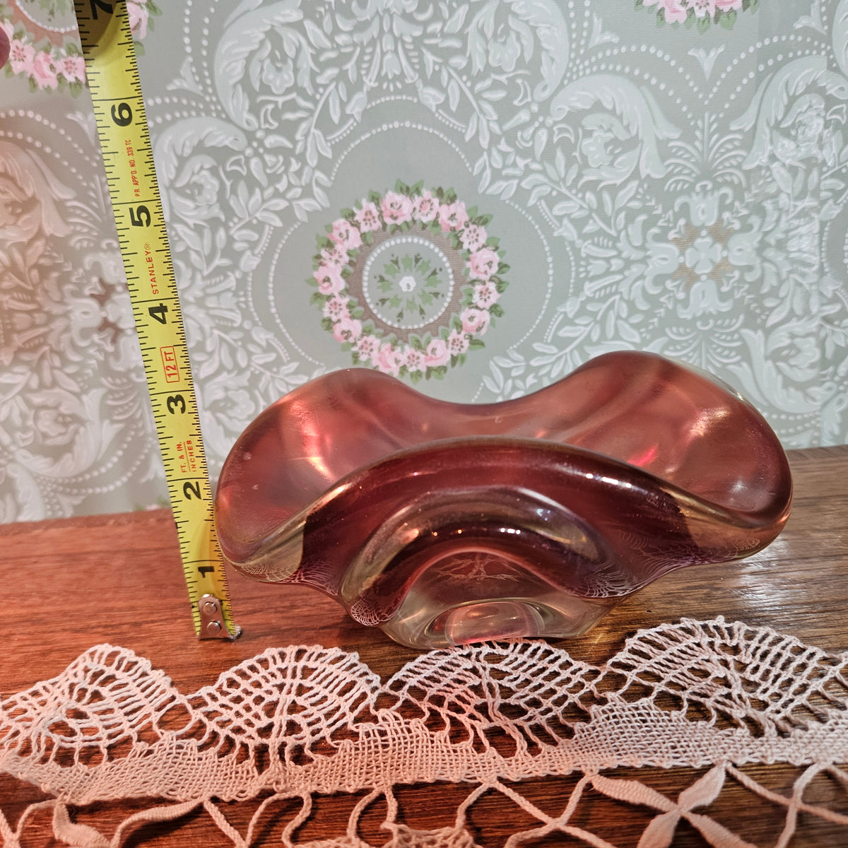 Freeform Rose Amber Art Glass Bowl