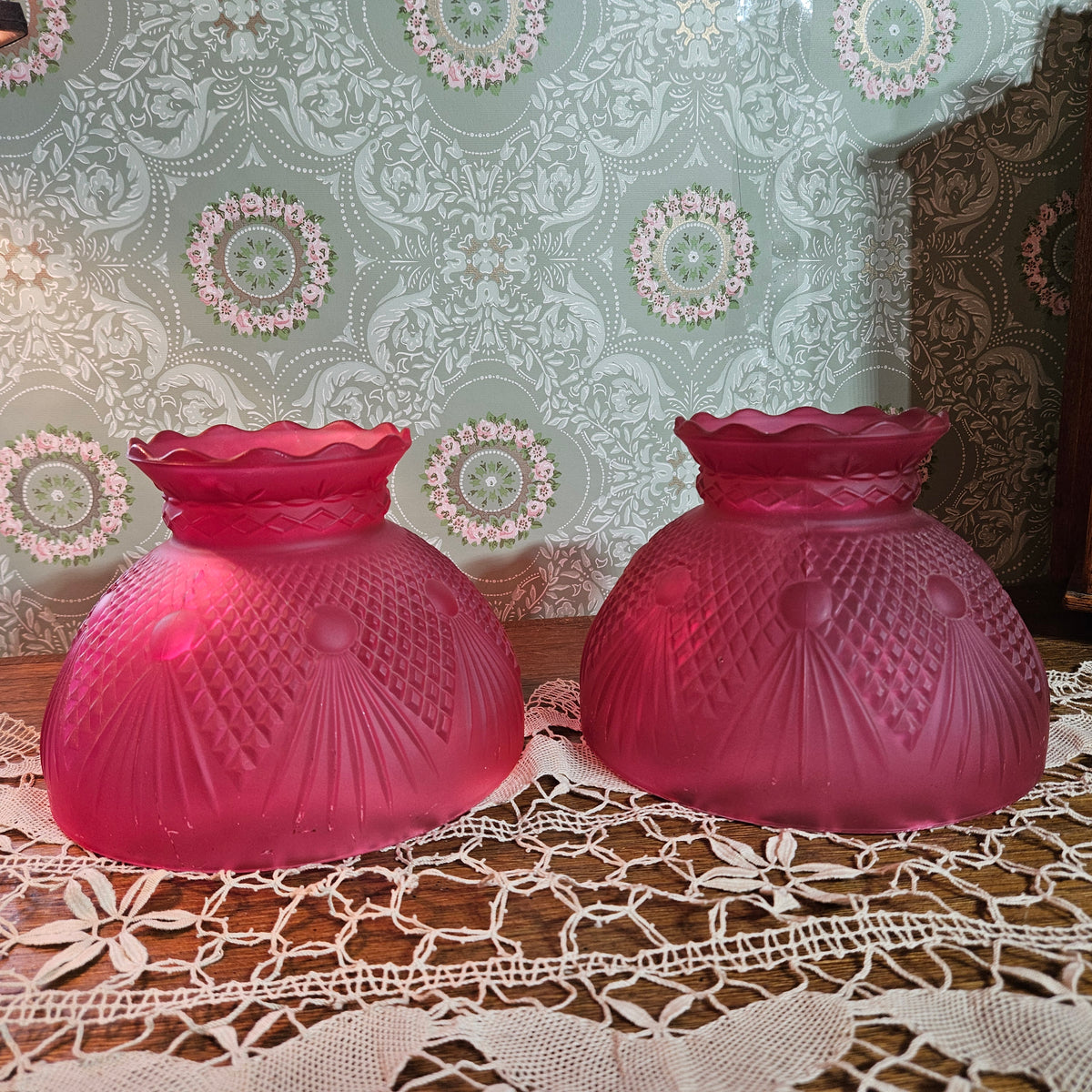 Pair Vintage Cranberry Red Frosted Glass Lamp Shades