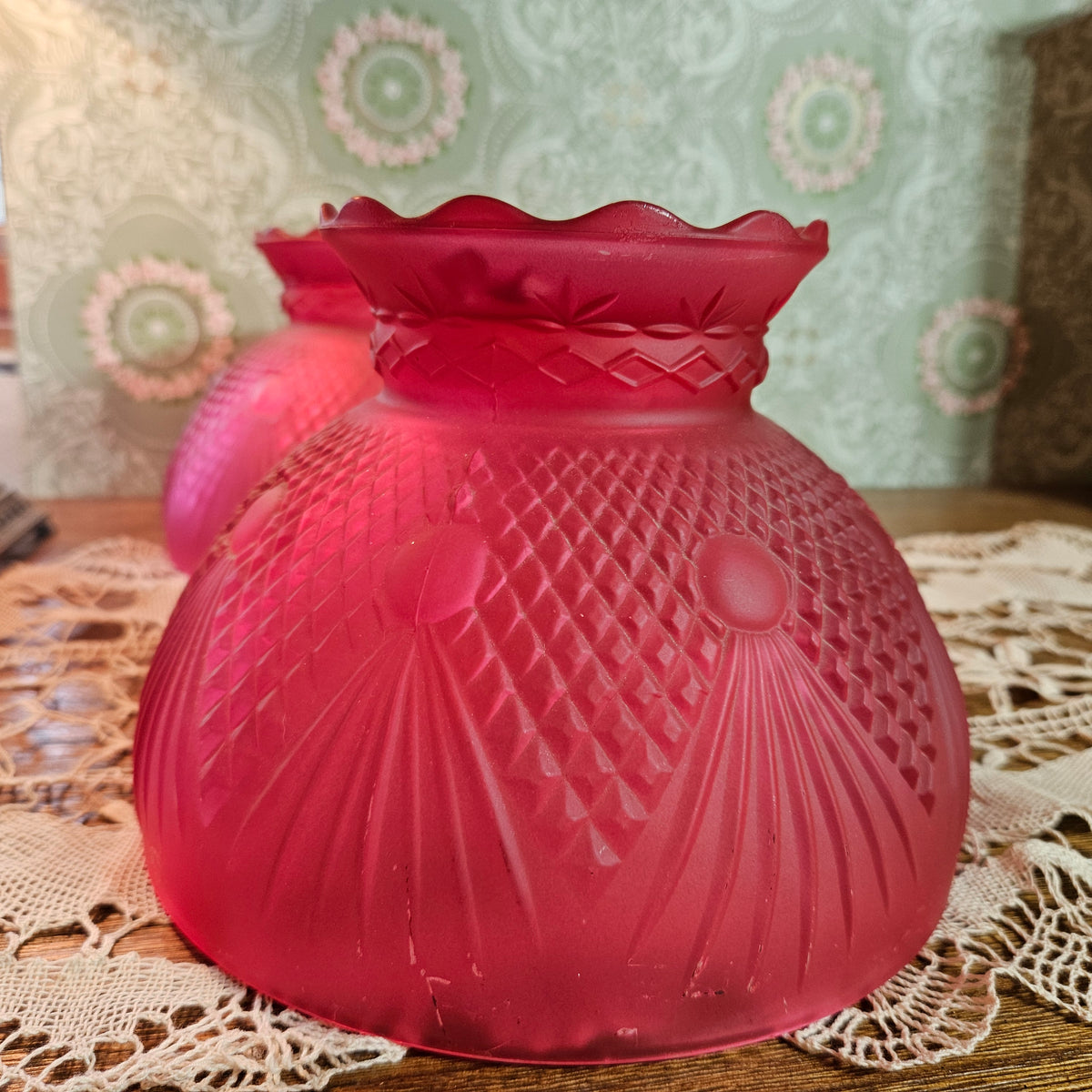 Pair Vintage Cranberry Red Frosted Glass Lamp Shades