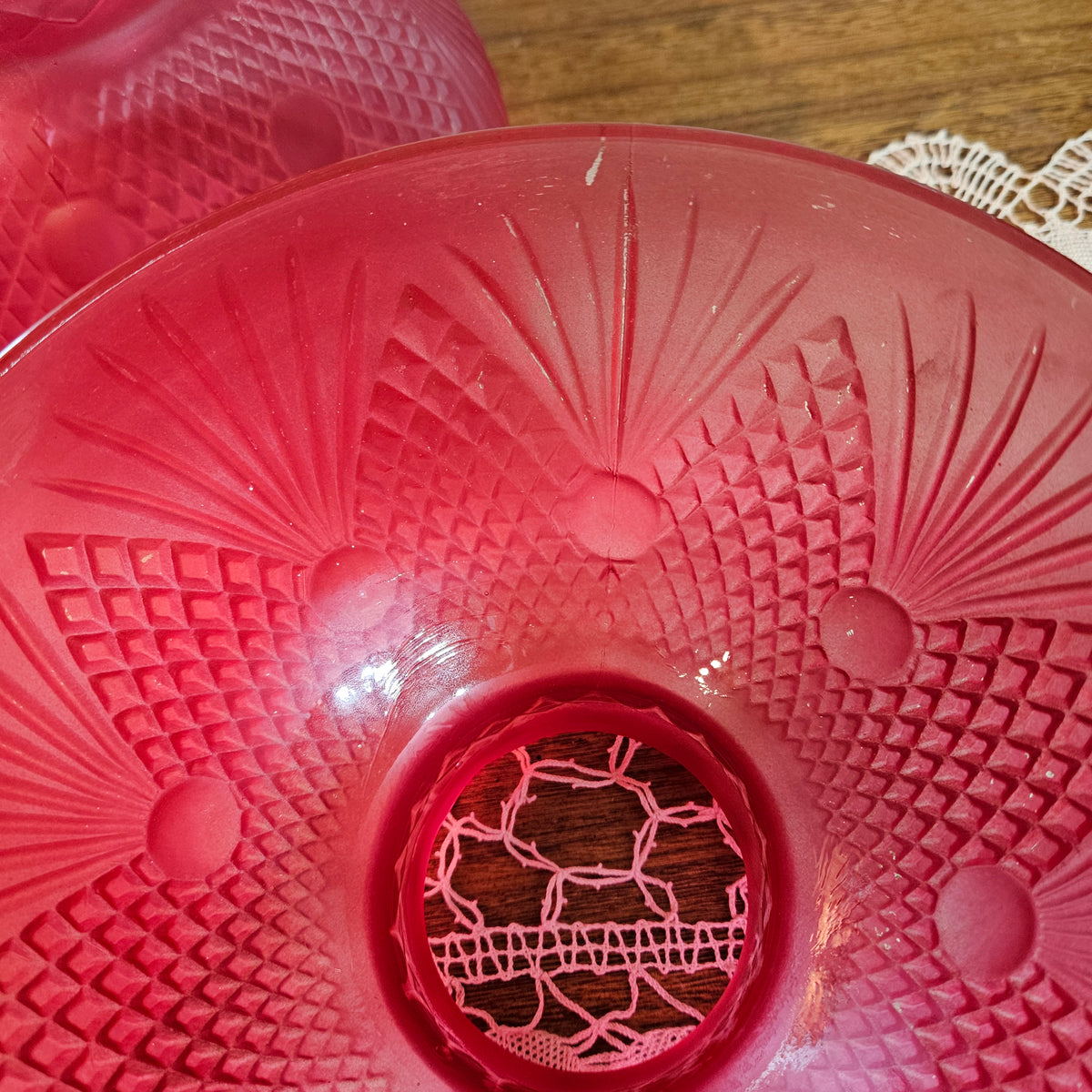 Pair Vintage Cranberry Red Frosted Glass Lamp Shades