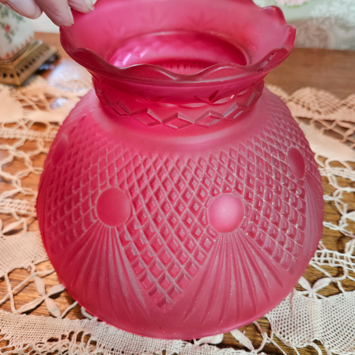 Pair Vintage Cranberry Red Frosted Glass Lamp Shades