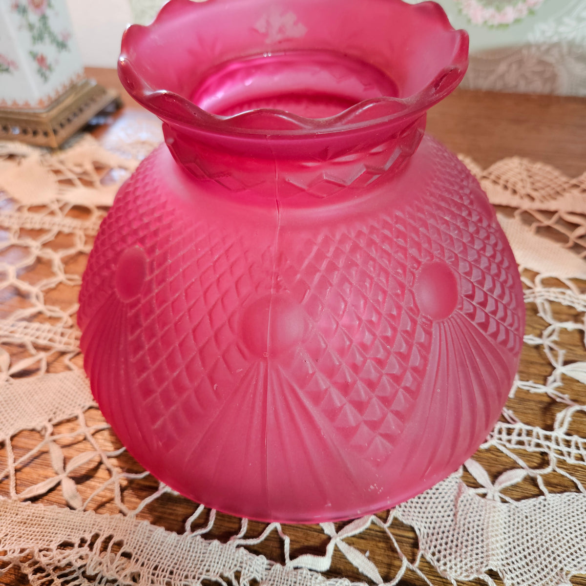 Pair Vintage Cranberry Red Frosted Glass Lamp Shades