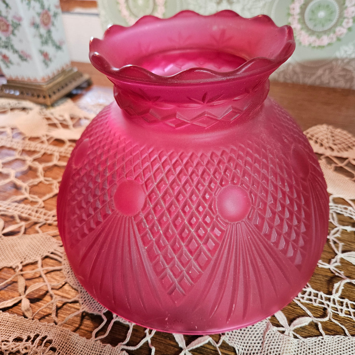 Pair Vintage Cranberry Red Frosted Glass Lamp Shades