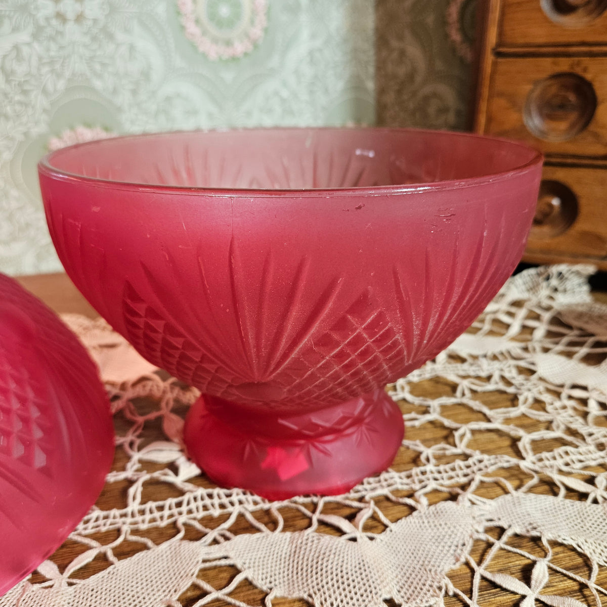 Pair Vintage Cranberry Red Frosted Glass Lamp Shades