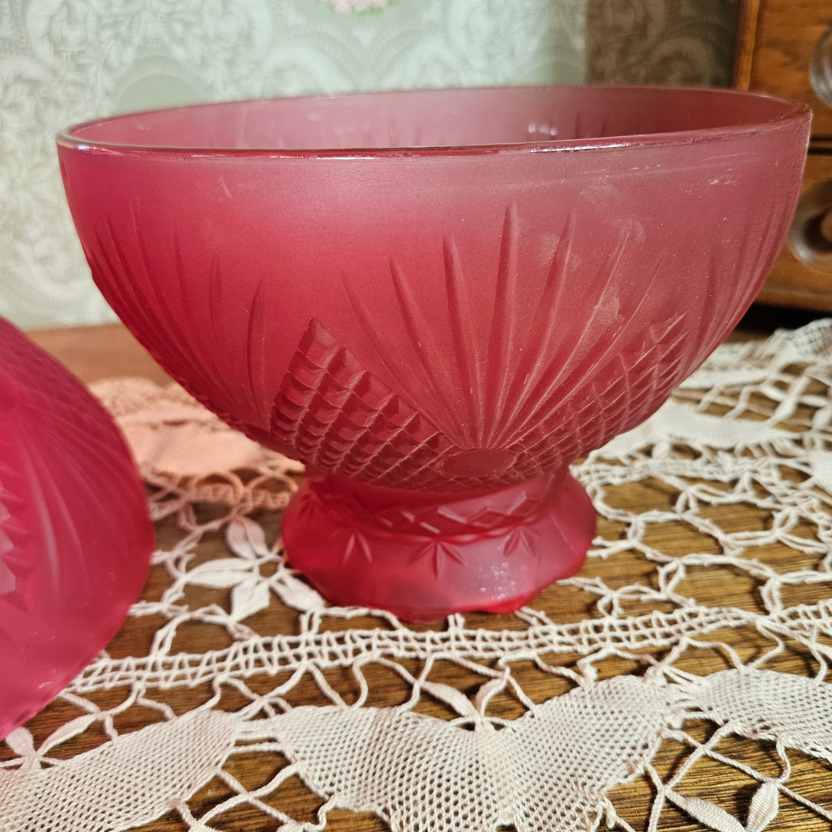 Pair Vintage Cranberry Red Frosted Glass Lamp Shades
