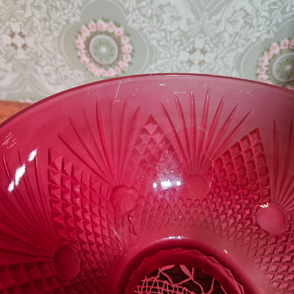 Pair Vintage Cranberry Red Frosted Glass Lamp Shades