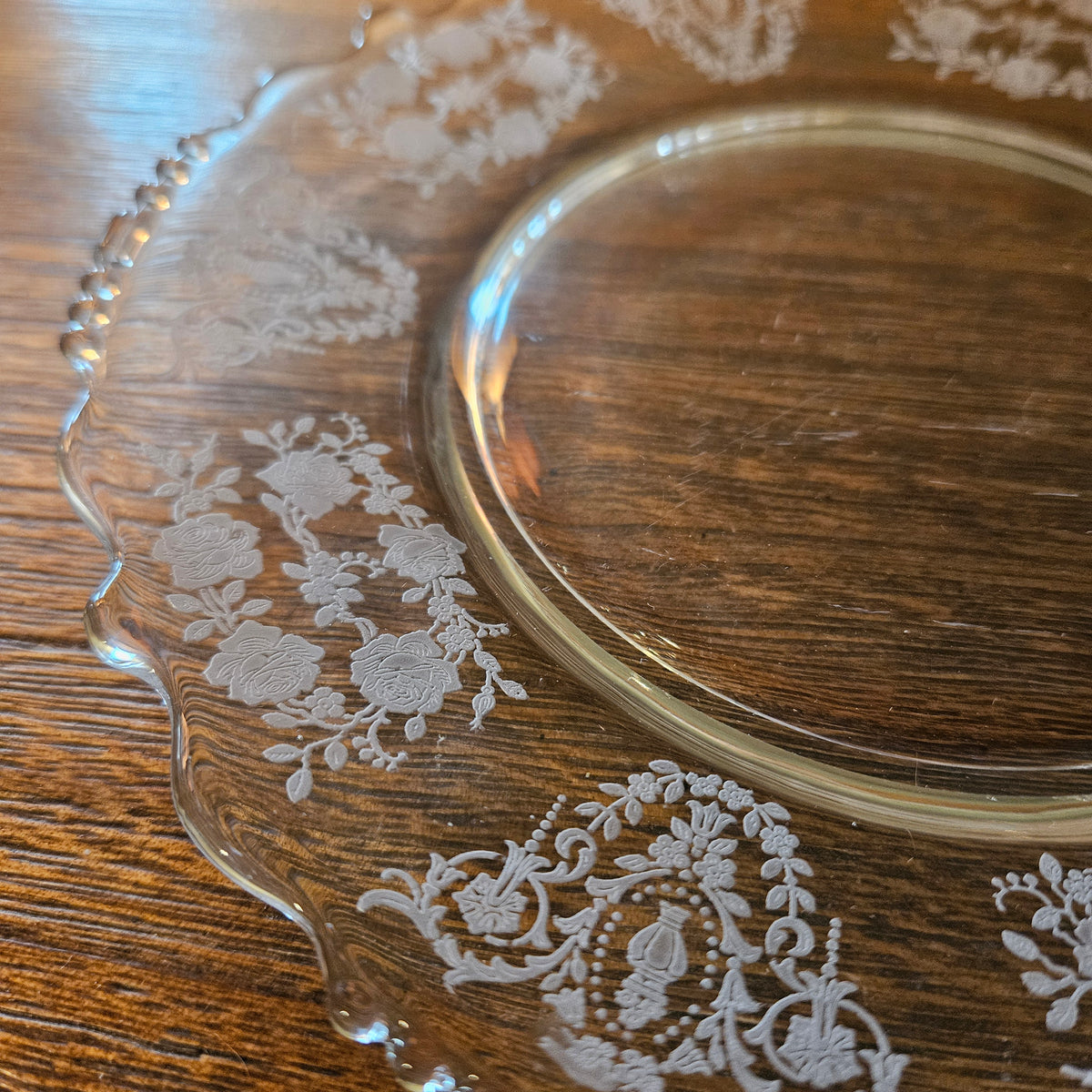 Tiffin Glass Cherokee Rose Etched Plate, 8 Inch