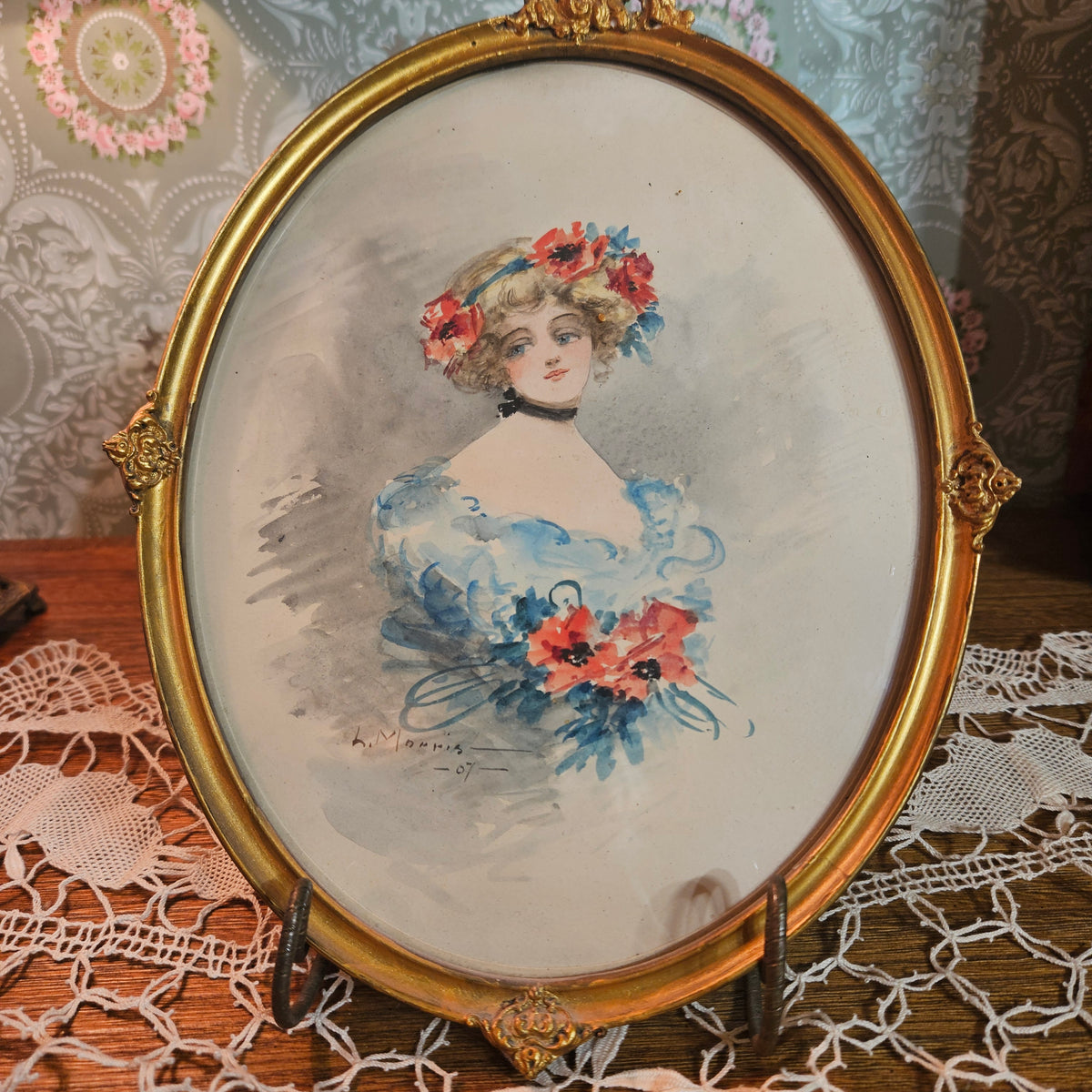 1907 Signed Lady Portrait Print in Ornate Gilt Oval Frame