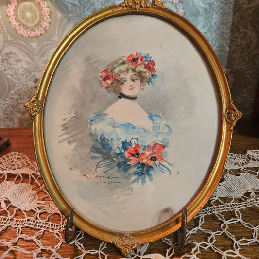 1907 Signed Lady Portrait Print in Ornate Gilt Oval Frame