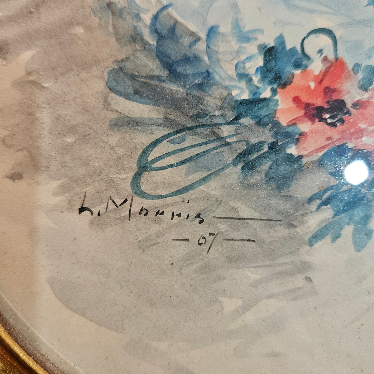 1907 Signed Lady Portrait Print in Ornate Gilt Oval Frame