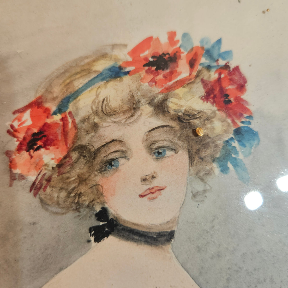 1907 Signed Lady Portrait Print in Ornate Gilt Oval Frame
