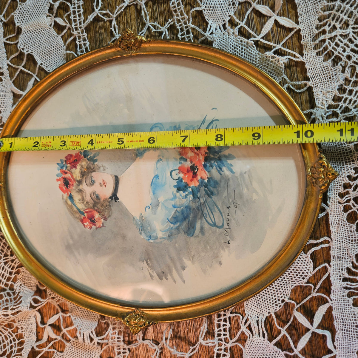1907 Signed Lady Portrait Print in Ornate Gilt Oval Frame