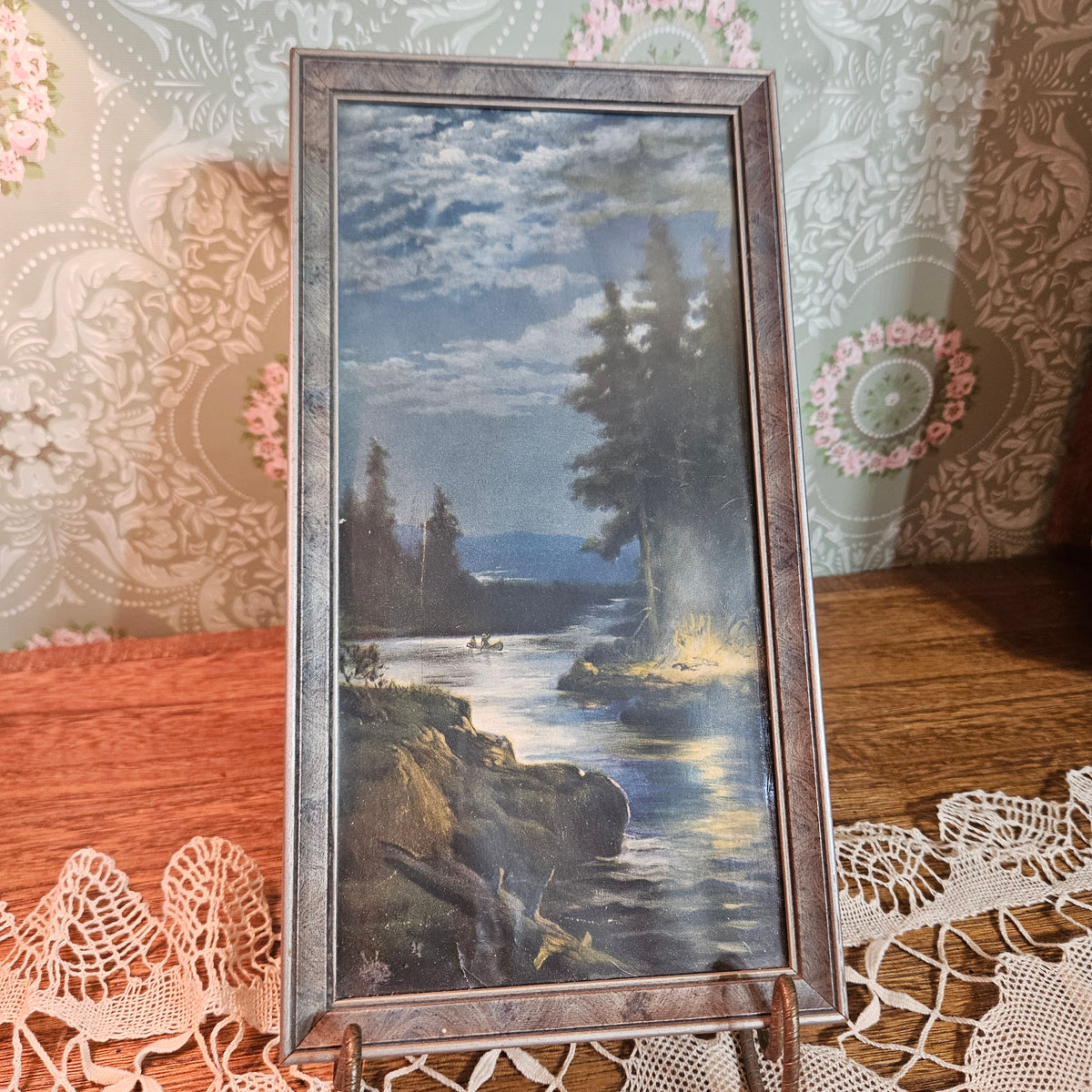 Vintage Framed Moonlit Lake Landscape Print