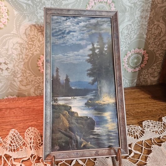 Vintage Framed Moonlit Lake Landscape Print