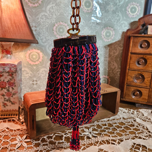 Vintage Red & Cobalt Blue Beaded Evening Purse with Mirror