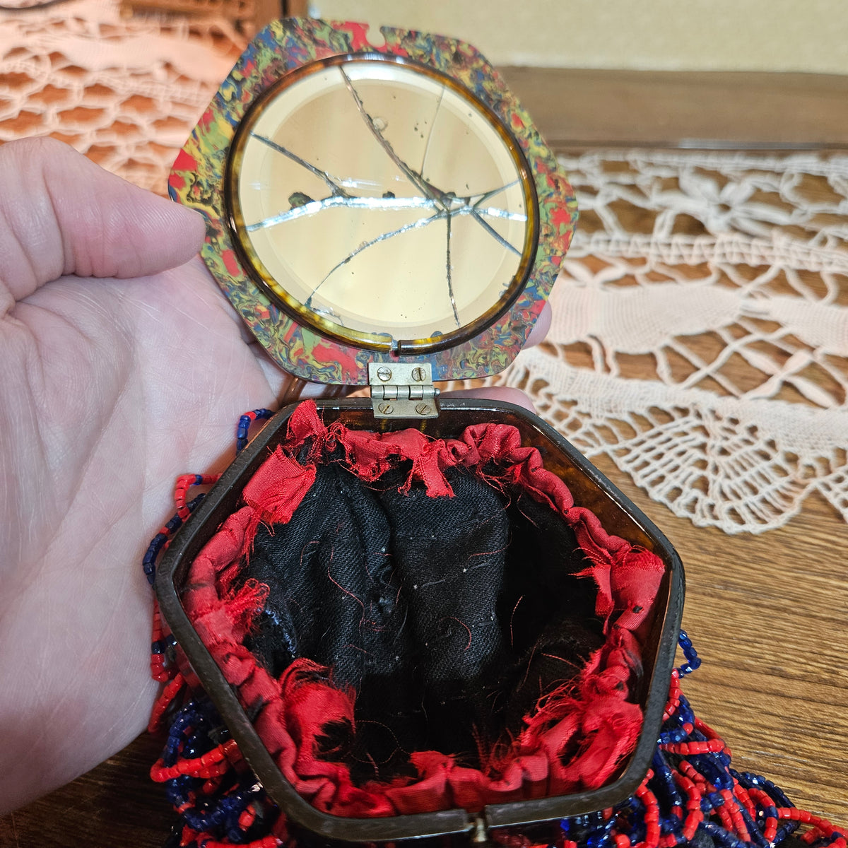 Vintage Red & Cobalt Blue Beaded Evening Purse with Mirror