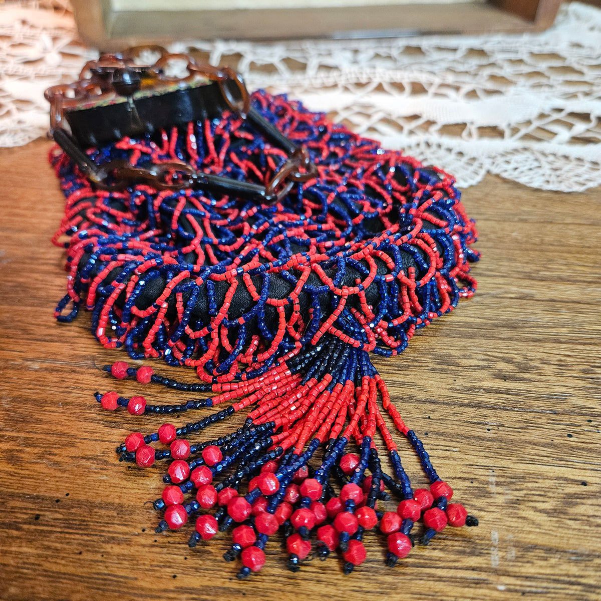 Vintage Red & Cobalt Blue Beaded Evening Purse with Mirror