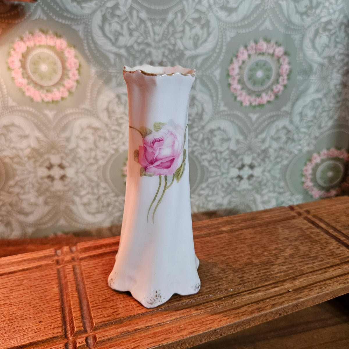 Bavaria Porcelain Rose Hatpin Holder with 6 Vintage Hatpins