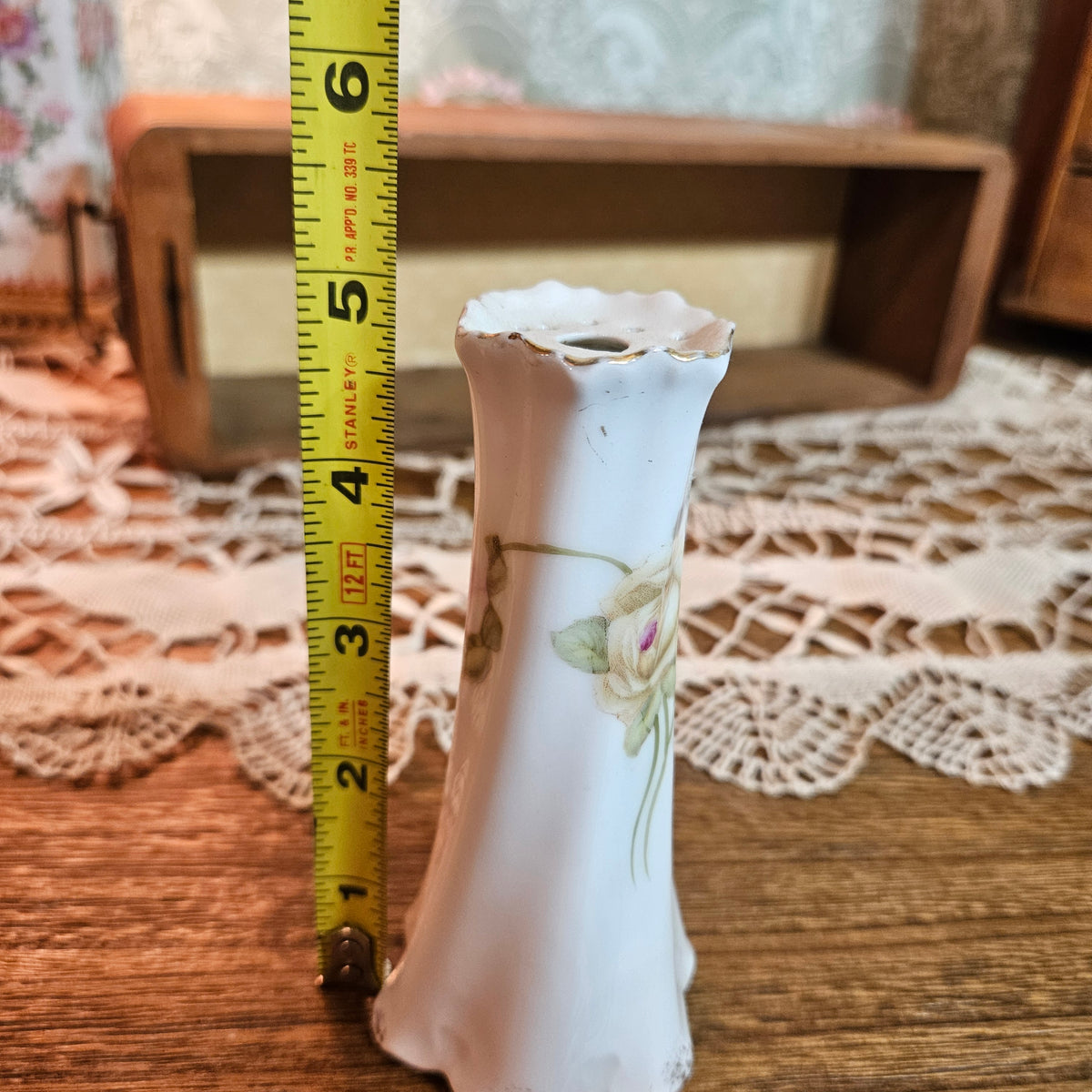 Bavaria Porcelain Rose Hatpin Holder with 6 Vintage Hatpins