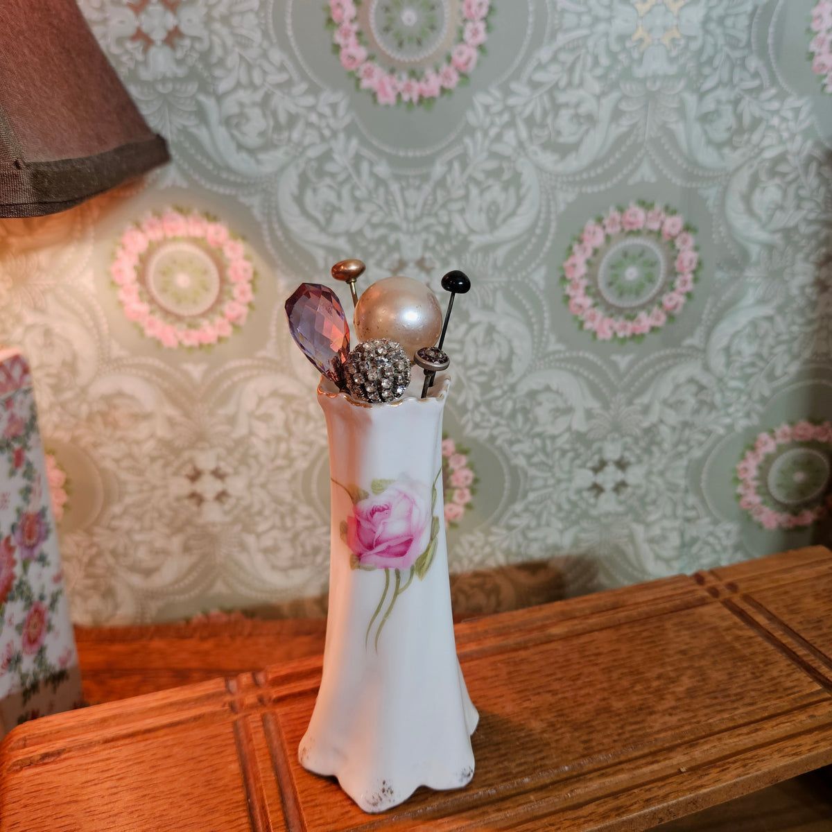Bavaria Porcelain Rose Hatpin Holder with 6 Vintage Hatpins