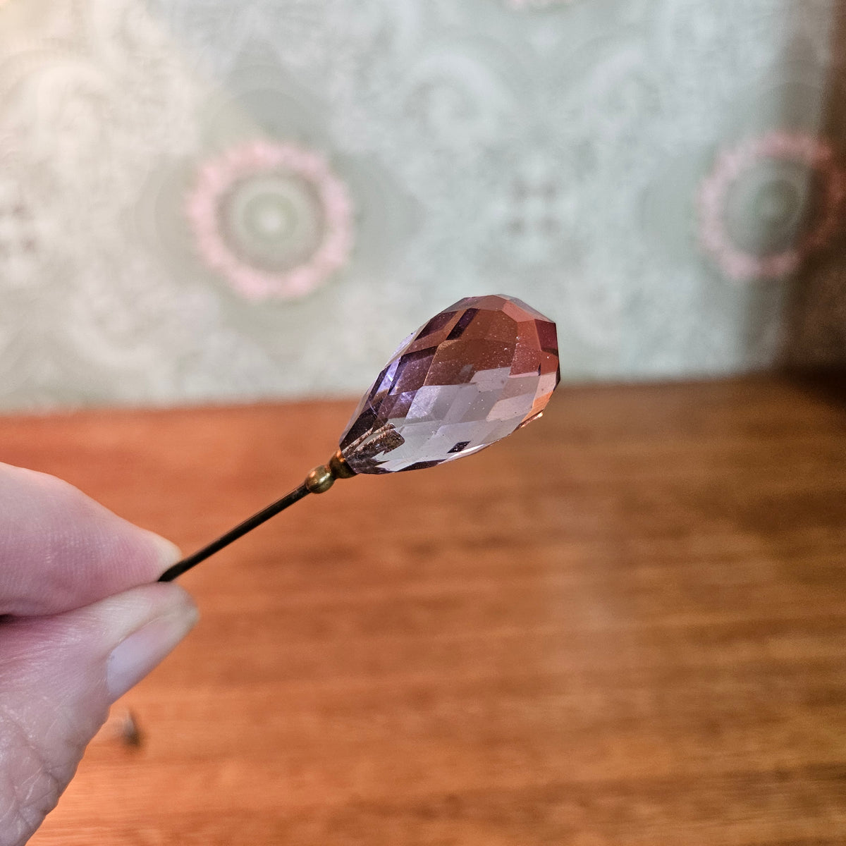 Bavaria Porcelain Rose Hatpin Holder with 6 Vintage Hatpins