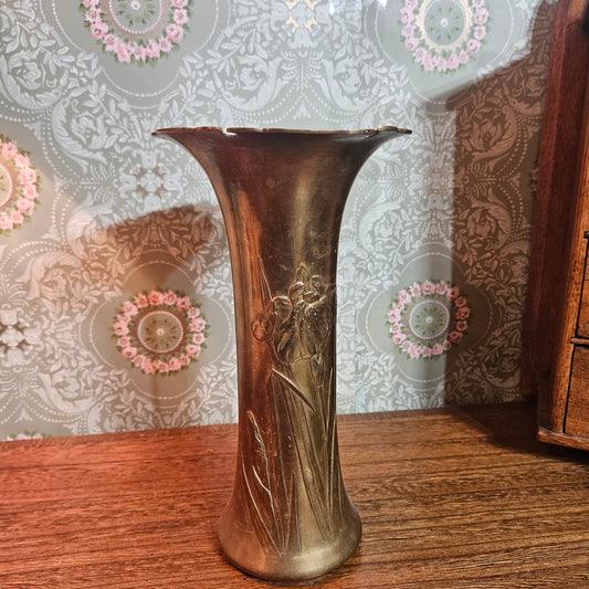 Art Nouveau Style Brass Iris Vase 10 Inch