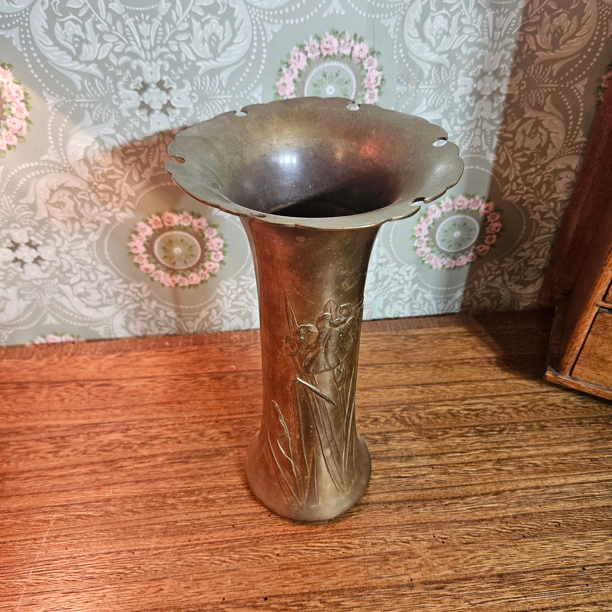 Art Nouveau Style Brass Iris Vase 10 Inch