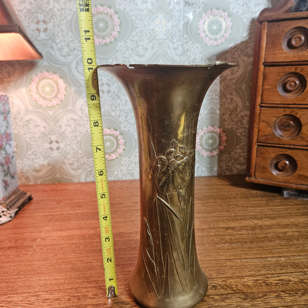 Art Nouveau Style Brass Iris Vase 10 Inch