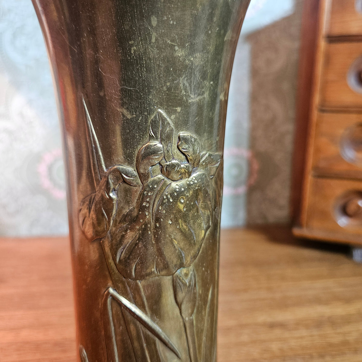 Art Nouveau Style Brass Iris Vase 10 Inch