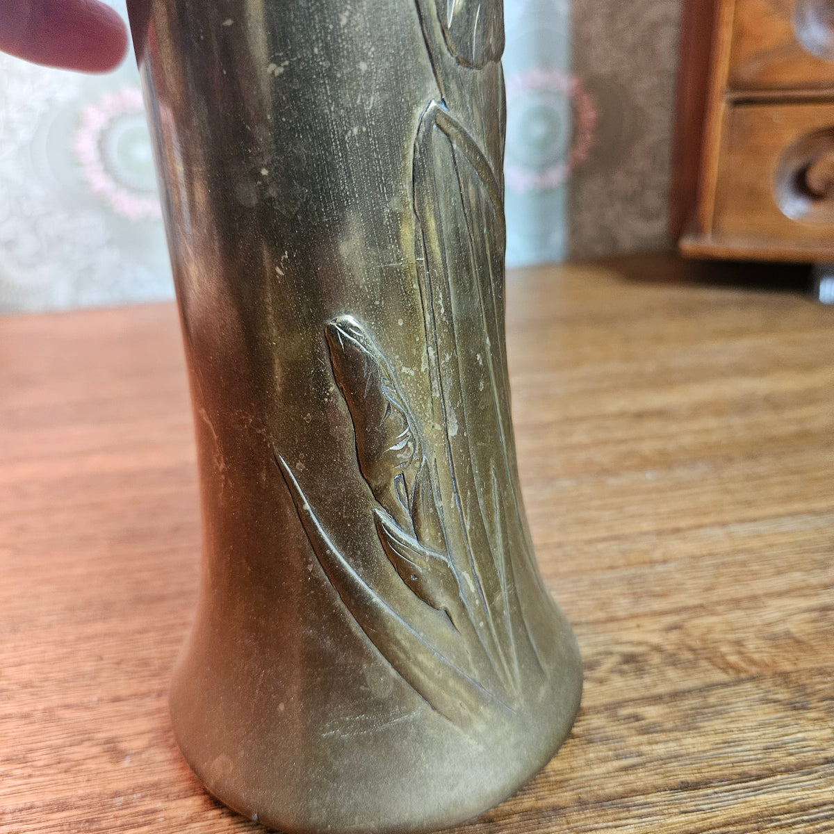 Art Nouveau Style Brass Iris Vase 10 Inch