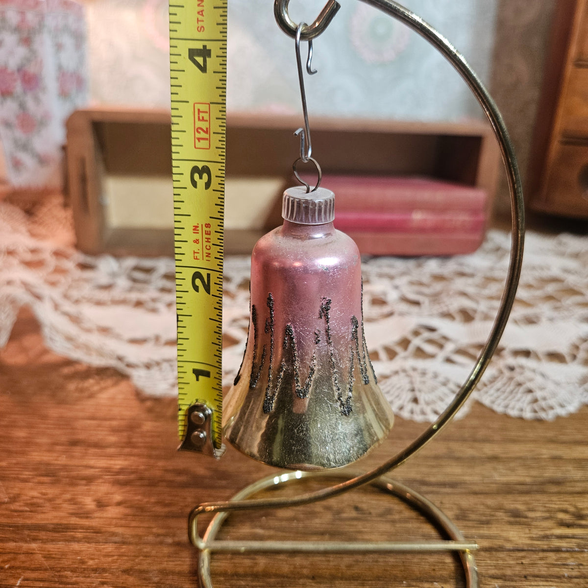 Vintage Pink & Silver Glass Bell Christmas Ornament