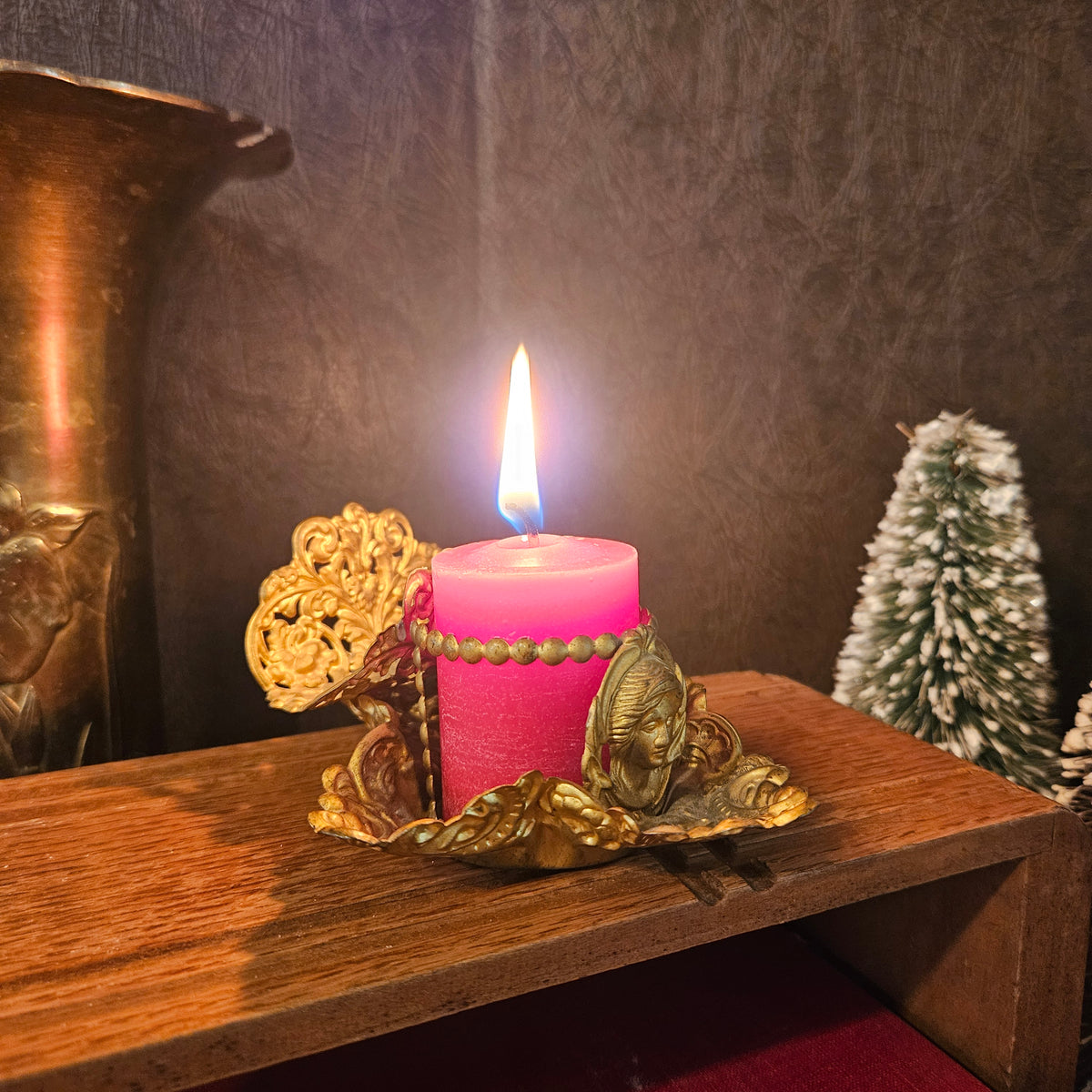 Vintage Ornate Gold-Tone Classical Portrait Pillar Candle Holder