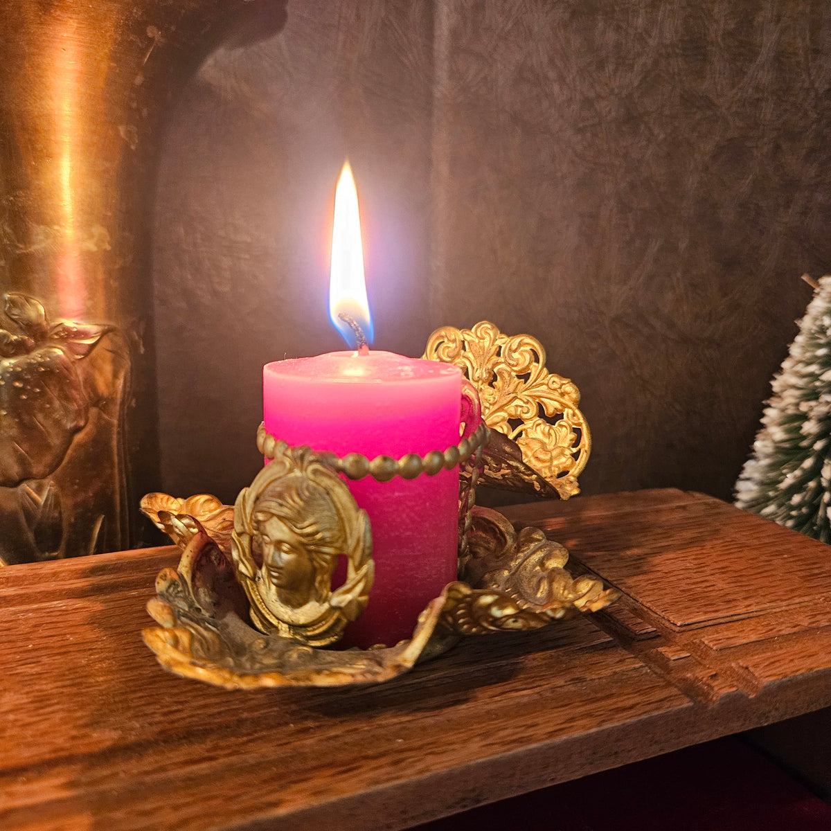 Vintage Ornate Gold-Tone Classical Portrait Pillar Candle Holder