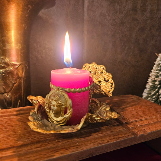Vintage Ornate Gold-Tone Classical Portrait Pillar Candle Holder