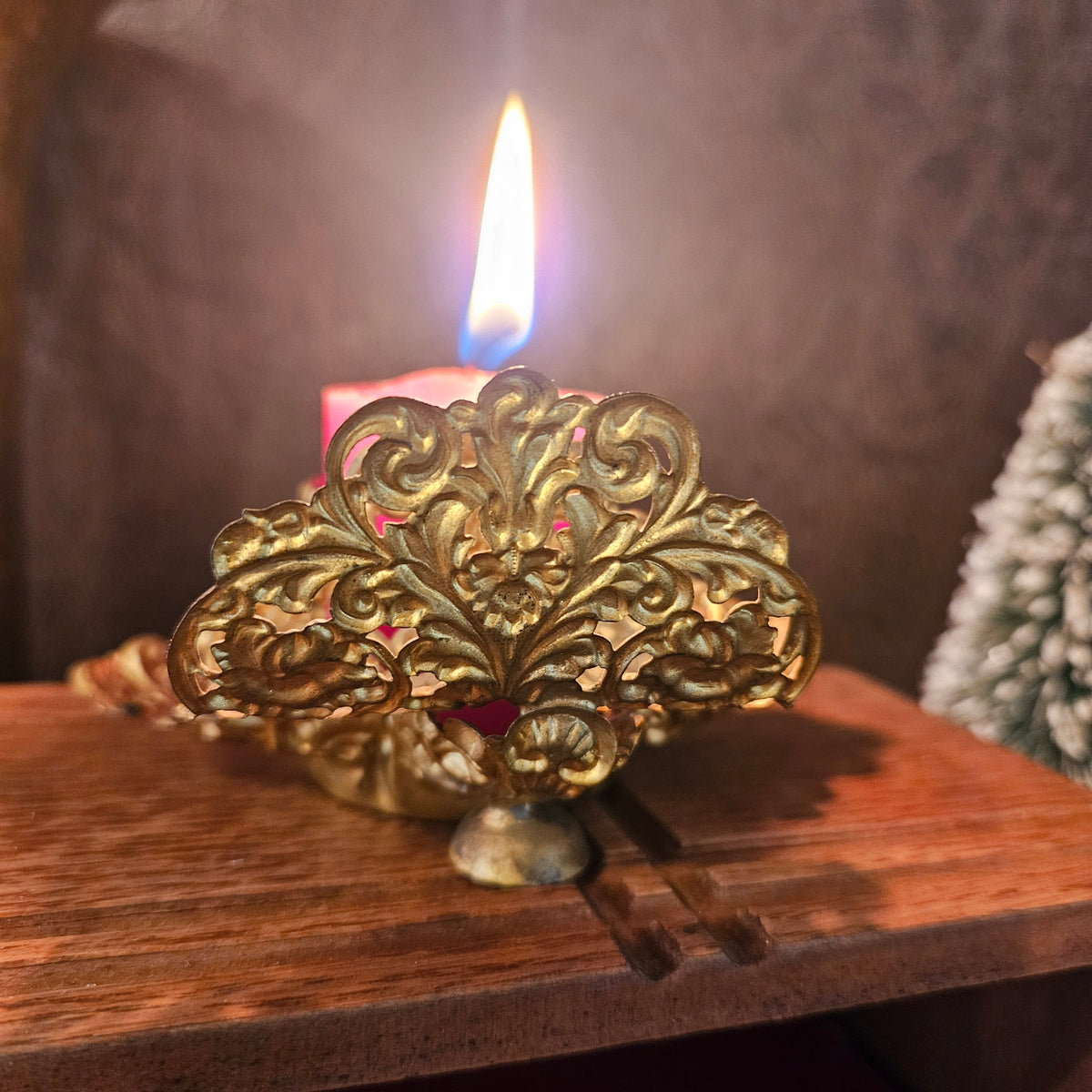 Vintage Ornate Gold-Tone Classical Portrait Pillar Candle Holder