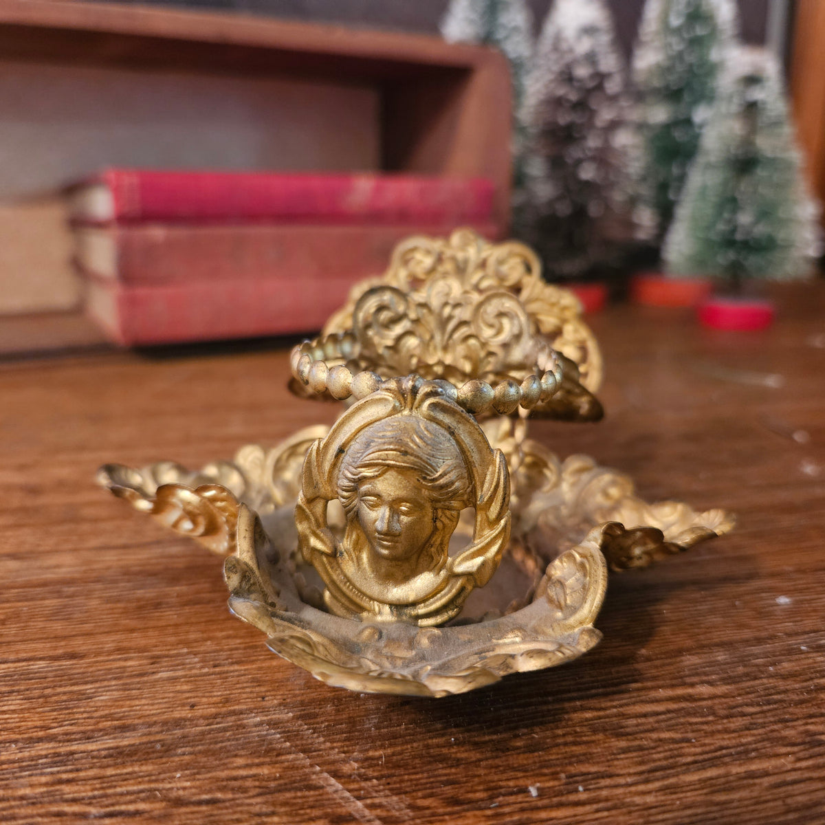 Vintage Ornate Gold-Tone Classical Portrait Pillar Candle Holder
