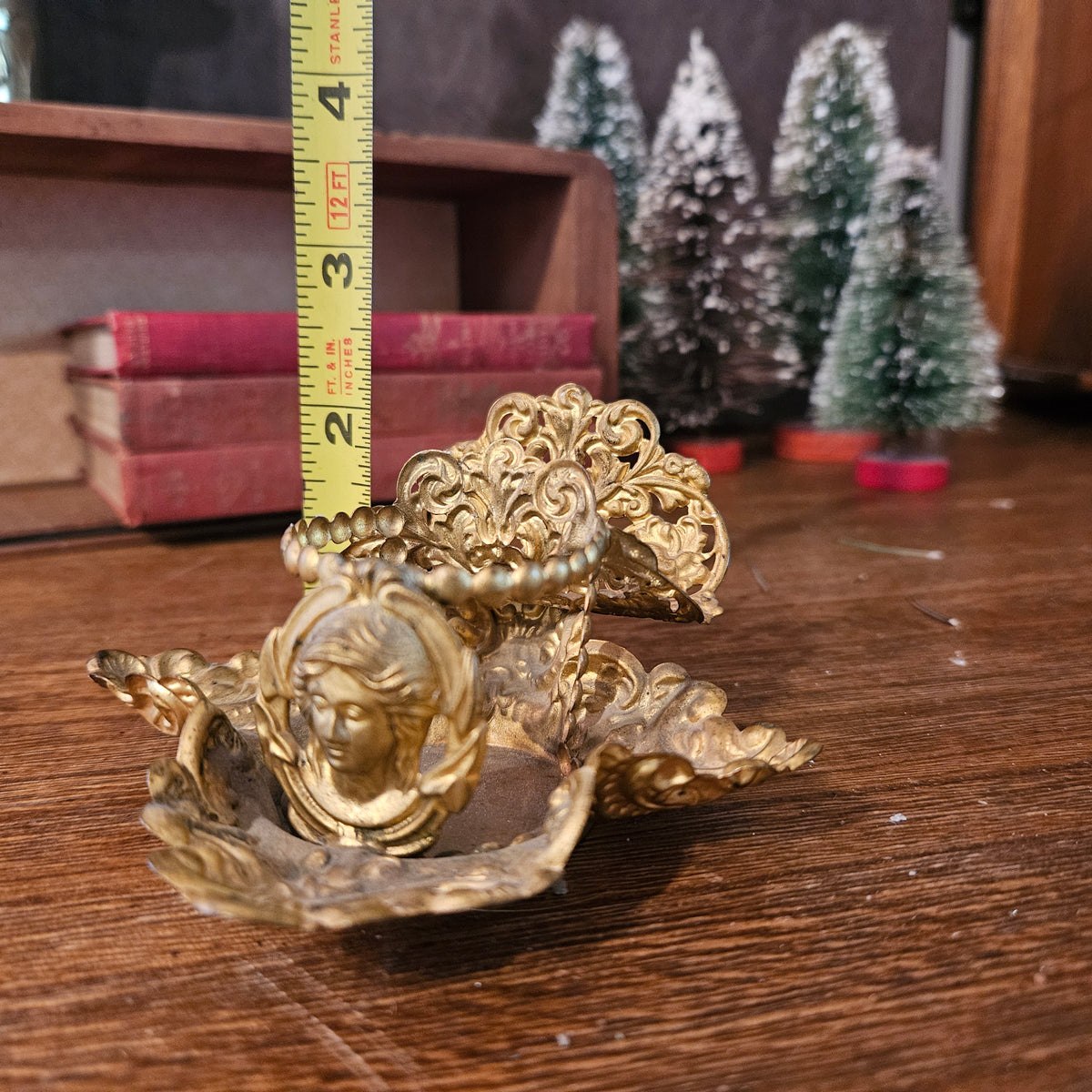 Vintage Ornate Gold-Tone Classical Portrait Pillar Candle Holder