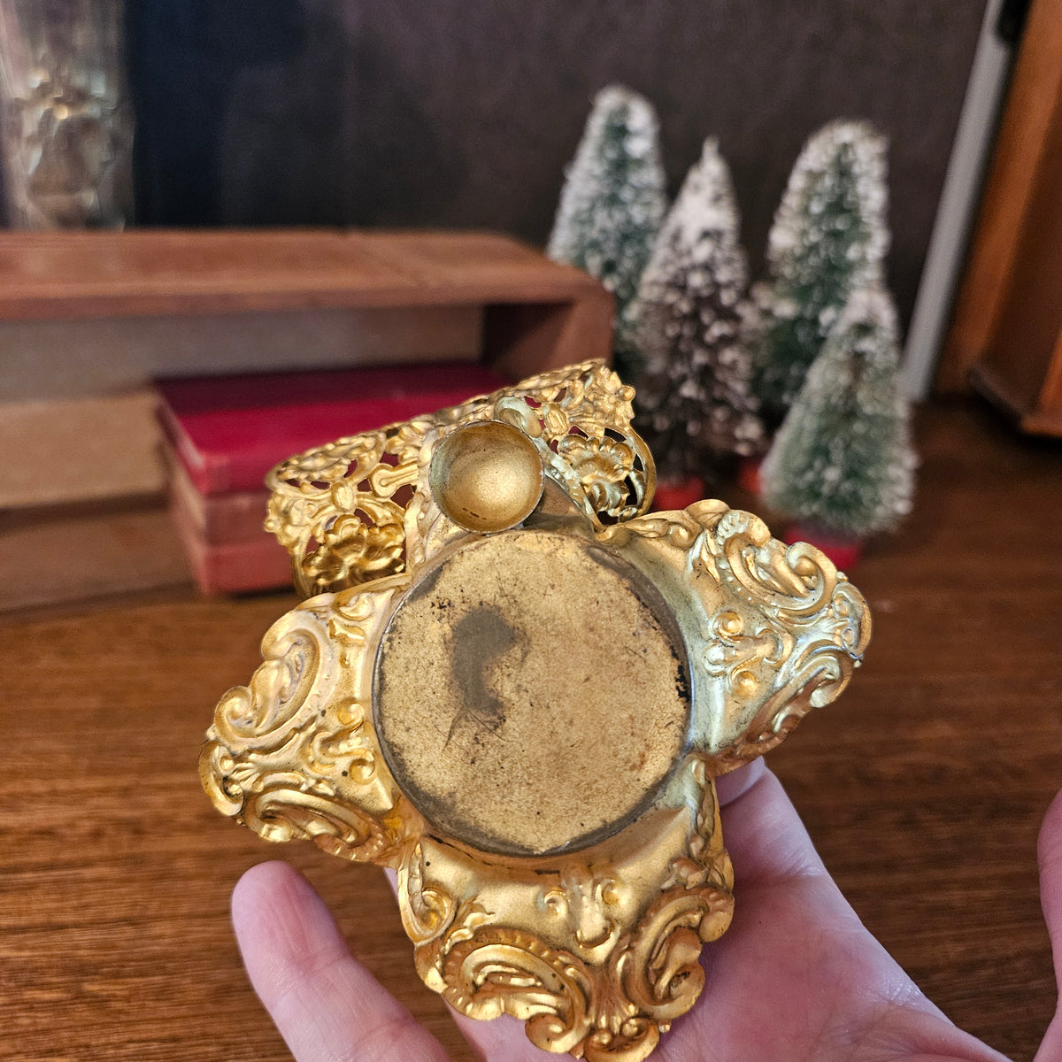 Vintage Ornate Gold-Tone Classical Portrait Pillar Candle Holder
