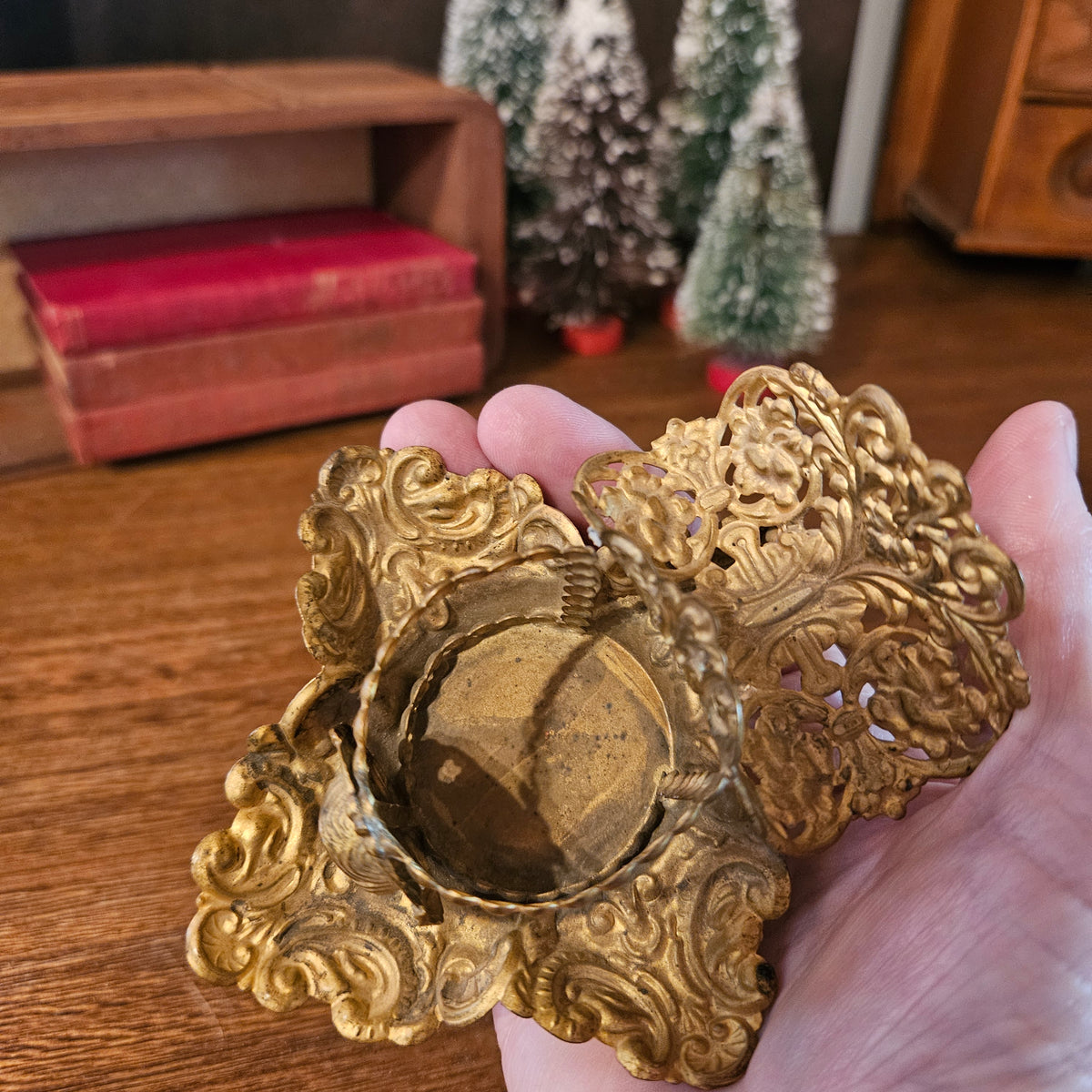Vintage Ornate Gold-Tone Classical Portrait Pillar Candle Holder