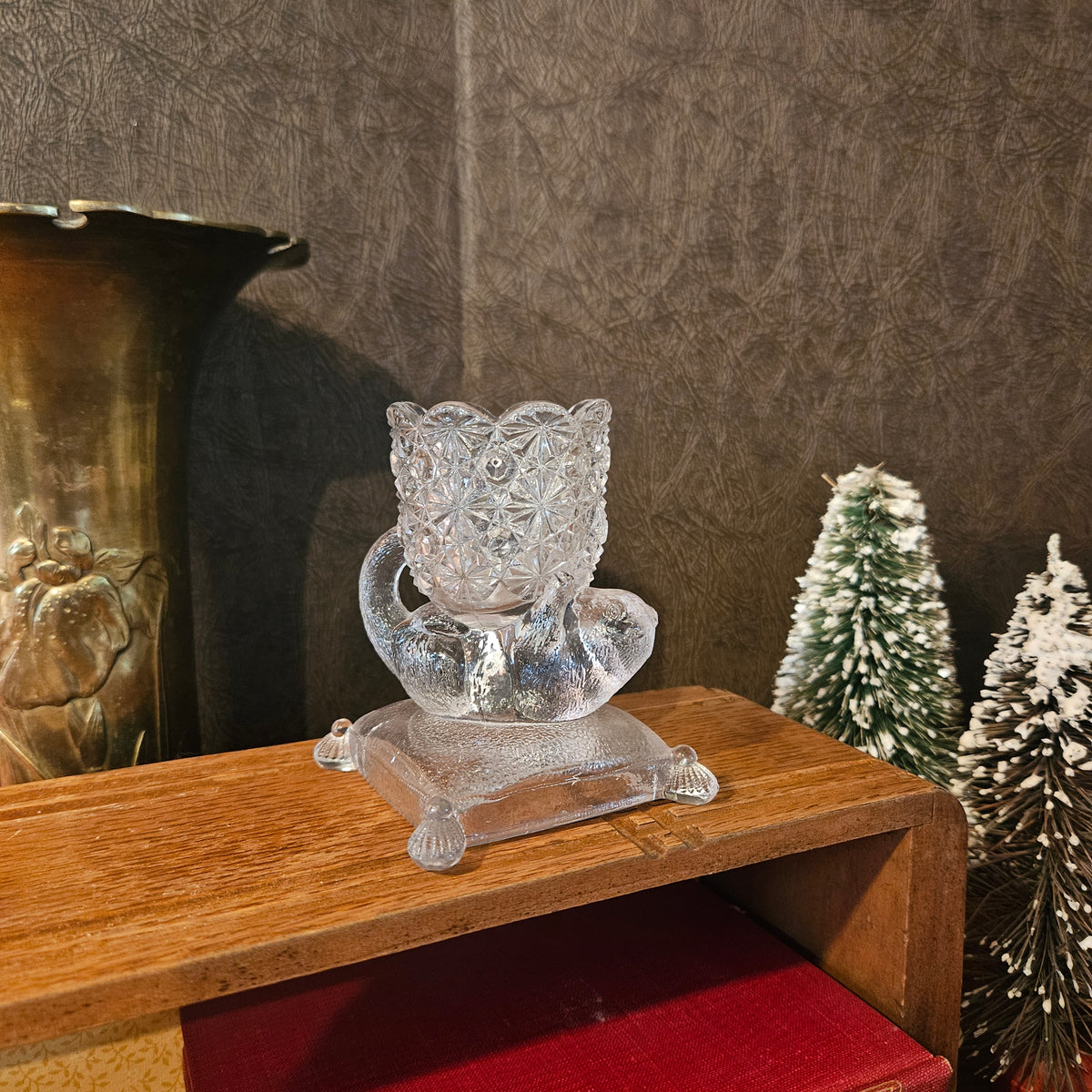 Vintage Clear Pressed Glass Cat Figural Holder