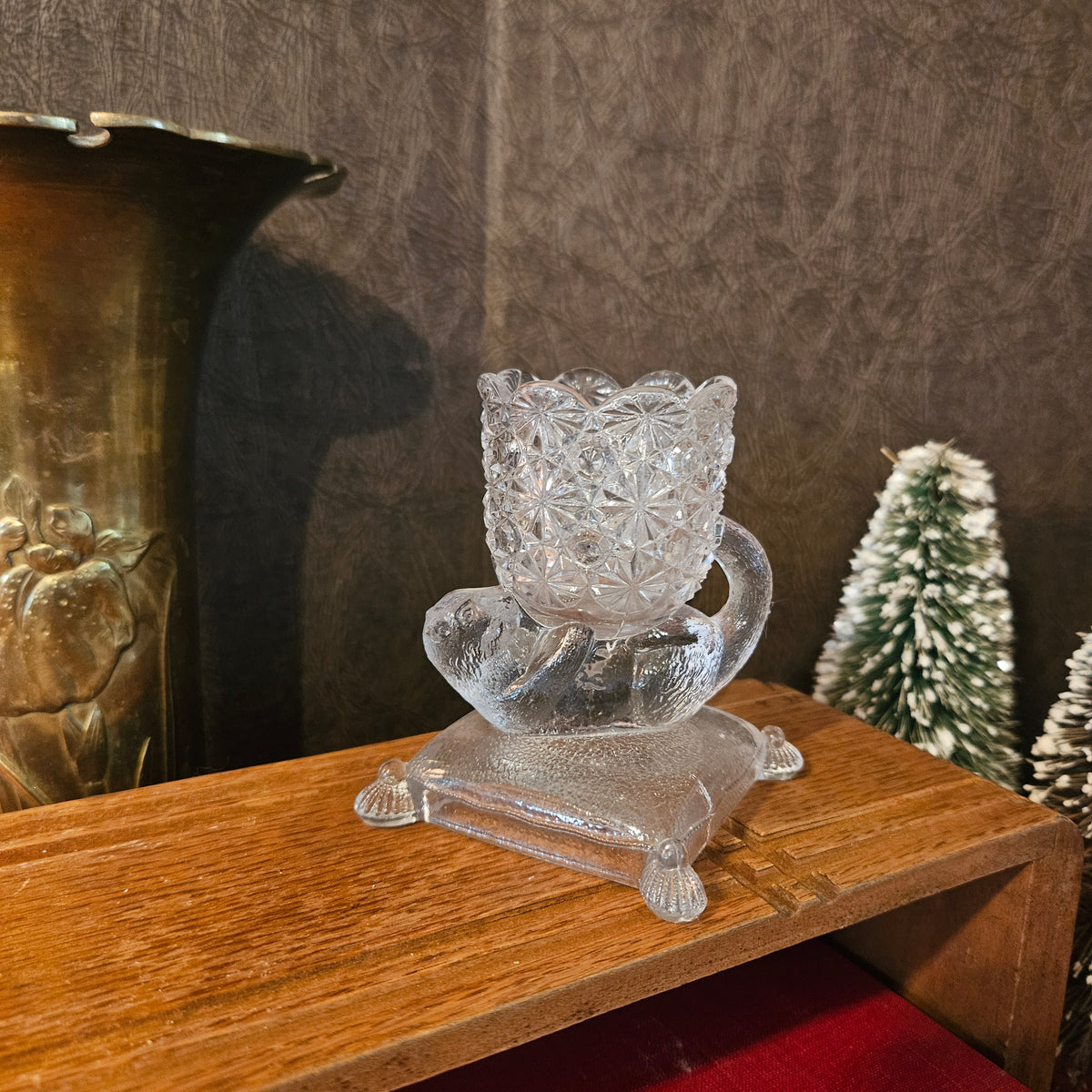 Vintage Clear Pressed Glass Cat Figural Holder