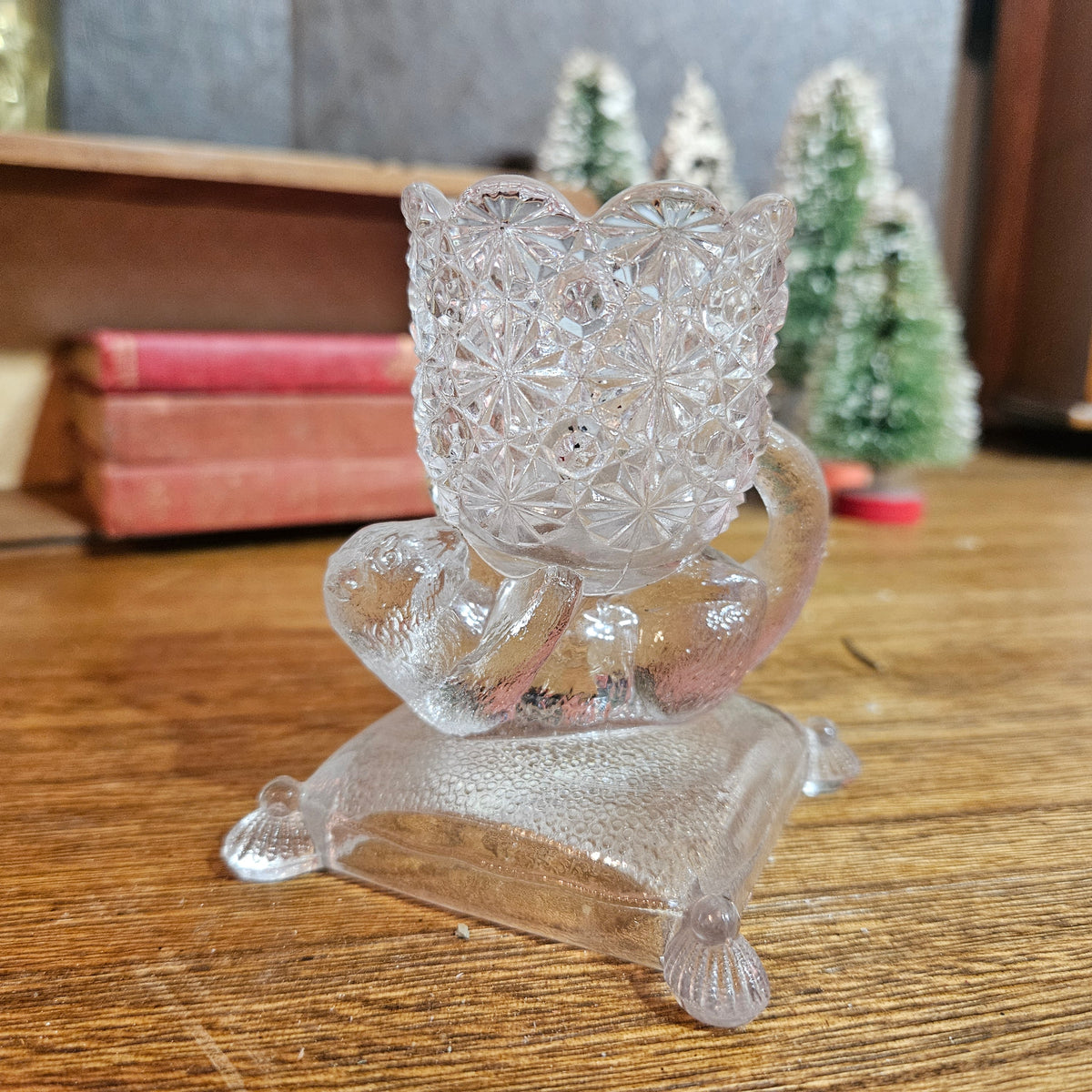 Vintage Clear Pressed Glass Cat Figural Holder