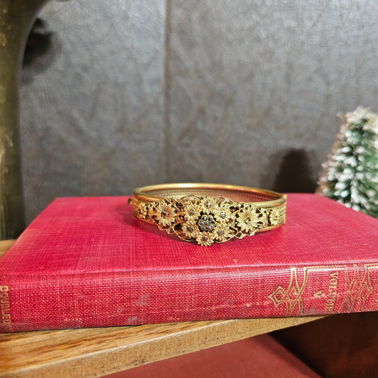 Gold-Tone Floral Filigree Rhinestone Cuff Bracelet