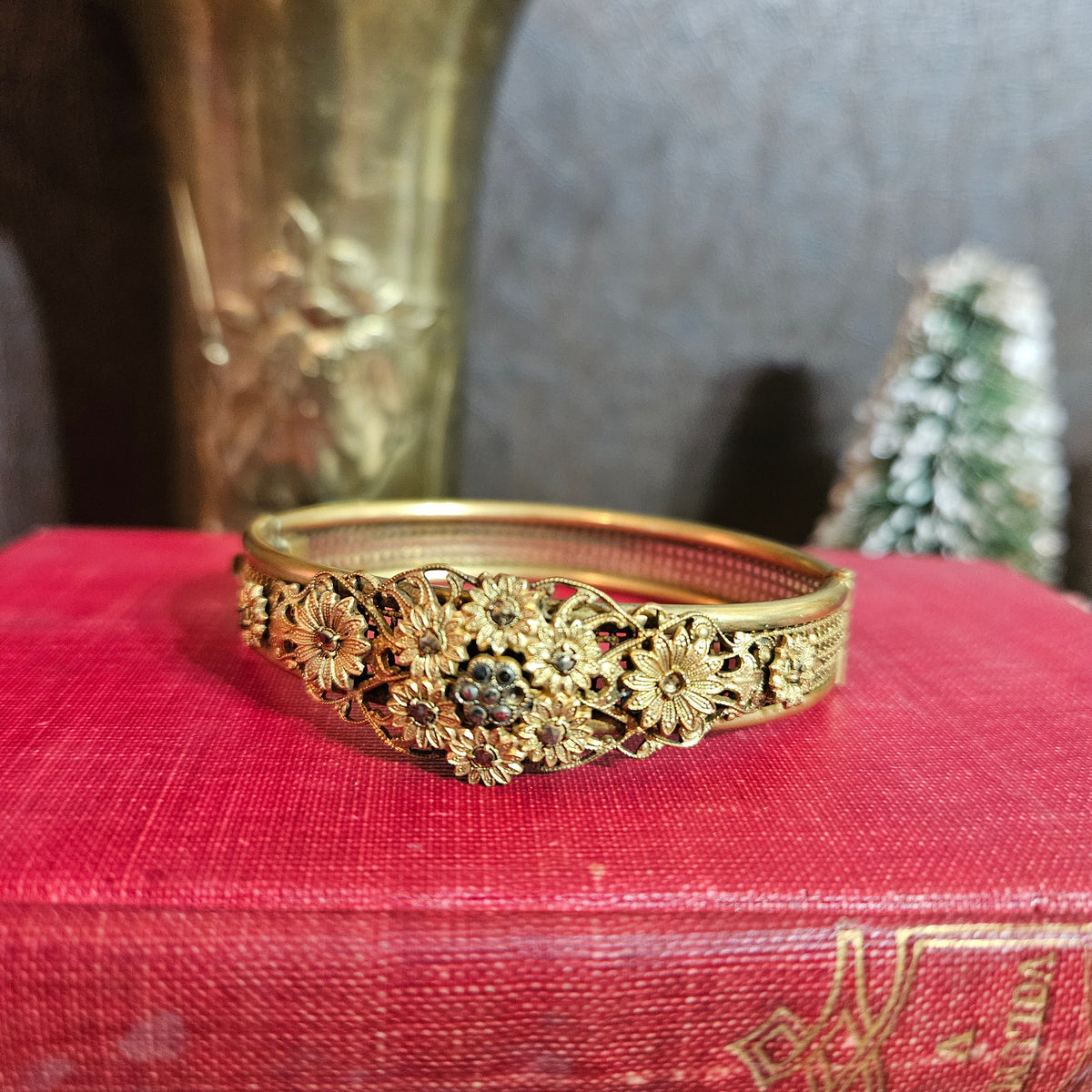 Gold-Tone Floral Filigree Rhinestone Cuff Bracelet