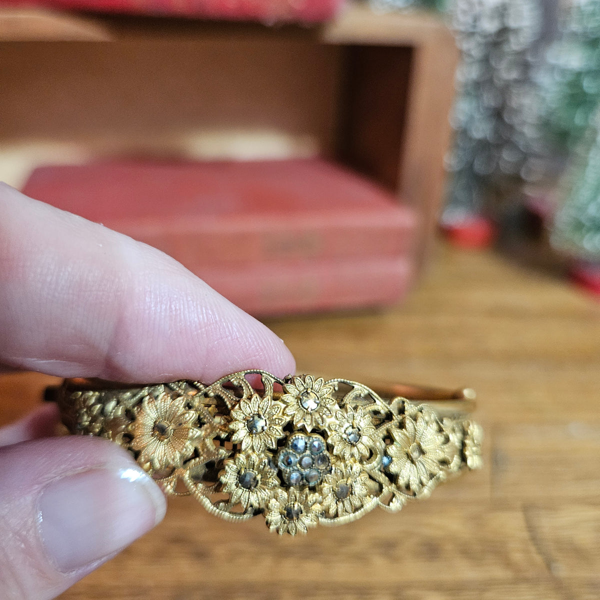 Gold-Tone Floral Filigree Rhinestone Cuff Bracelet