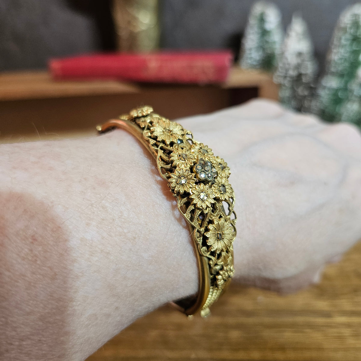 Gold-Tone Floral Filigree Rhinestone Cuff Bracelet