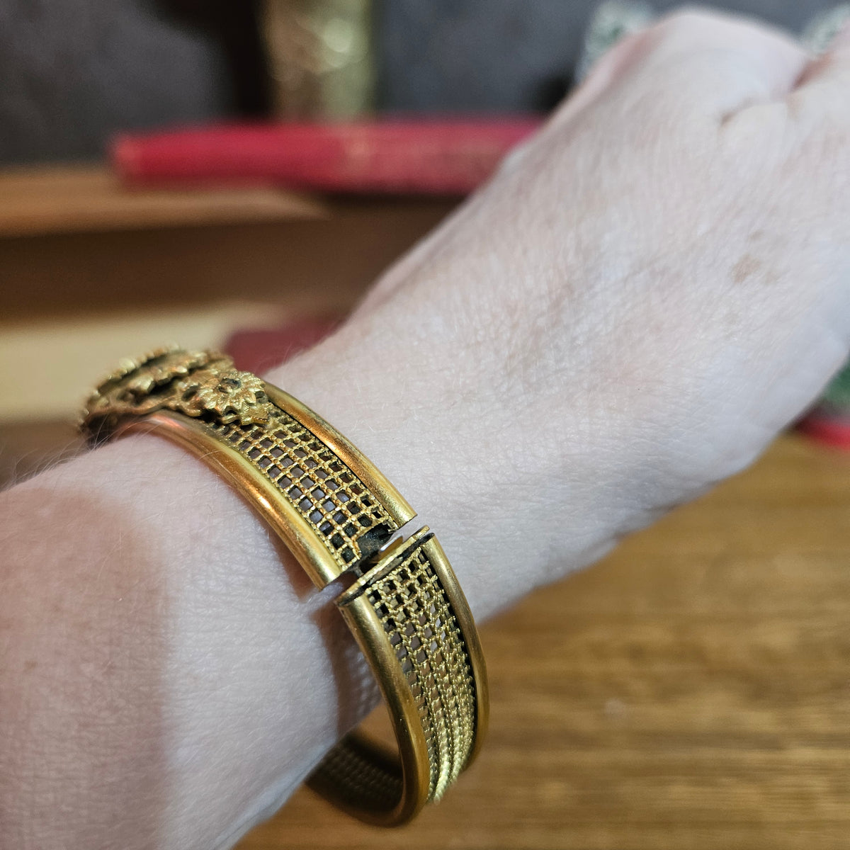 Gold-Tone Floral Filigree Rhinestone Cuff Bracelet