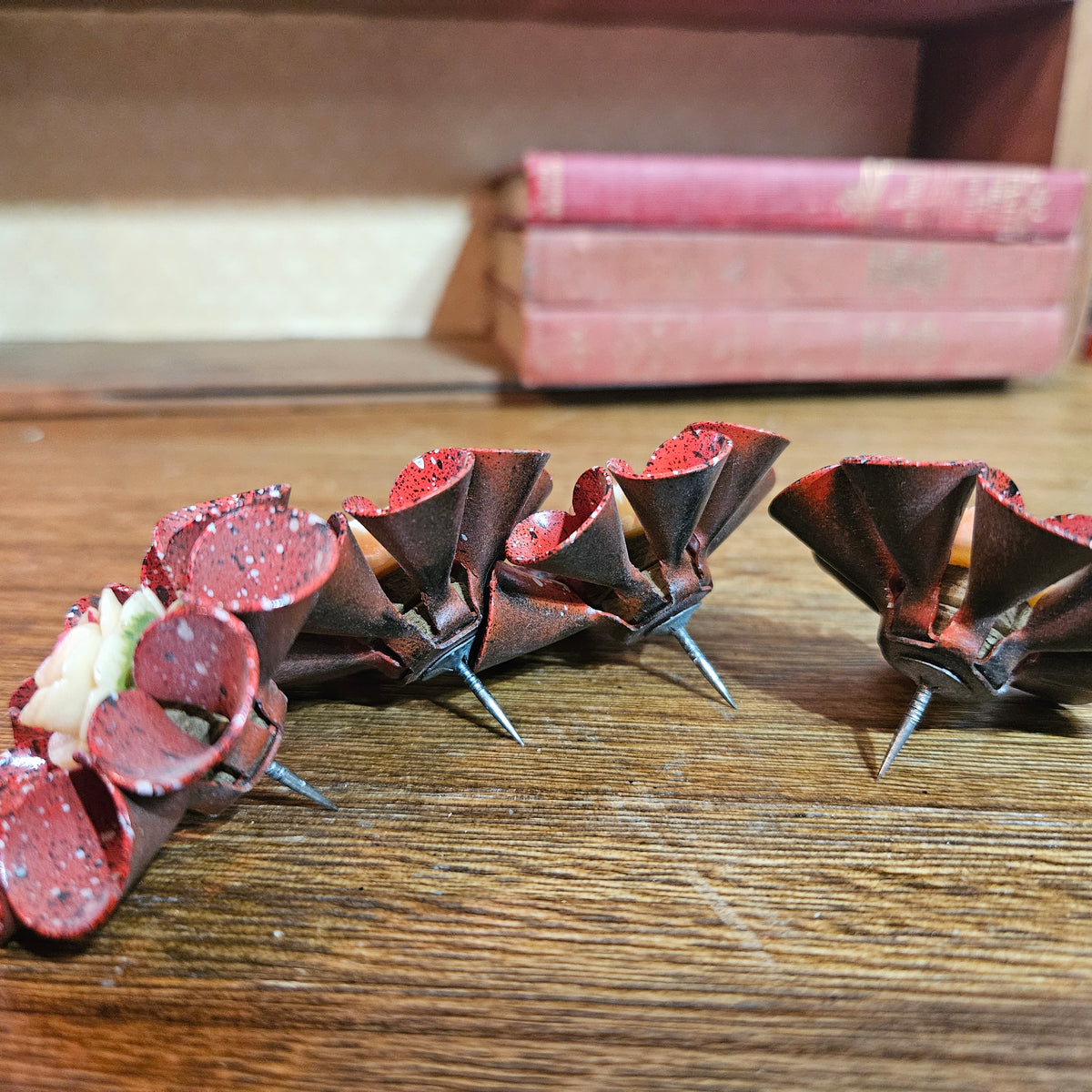 Set of 4 Vintage Red Speckled Rose Candle Pins