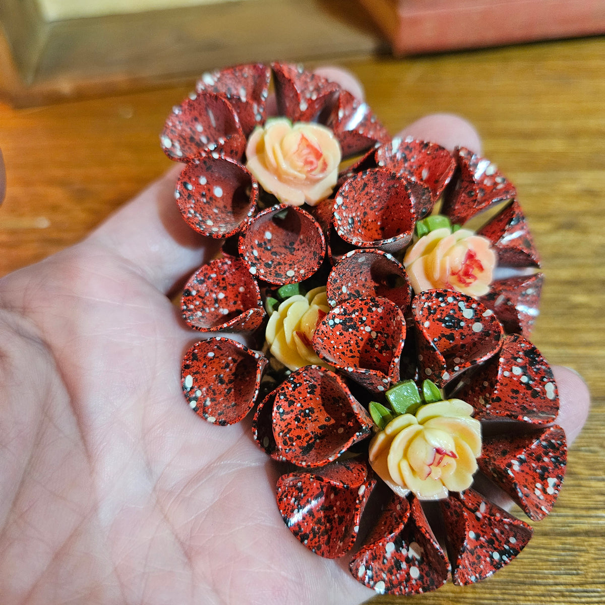 Set of 4 Vintage Red Speckled Rose Candle Pins